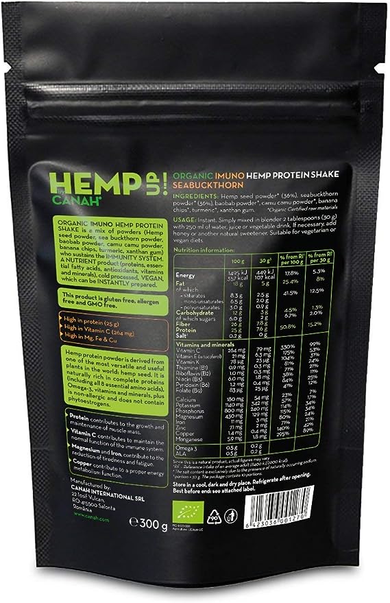 Canah Organic Imuno Seabuckthorn Hemp Up Protein Shake 300 g - Premium Protein Shake from Peacock & Sons - Just $25! Shop now at Peacock & Sons