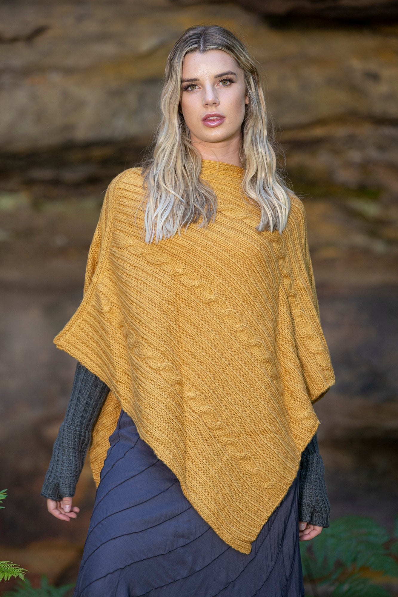 Cienna Cable Poncho Mustard - Premium  from Peacock & Sons - Just $89! Shop now at Peacock & Sons